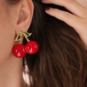 Cherry Red Earrings with Gold Accents